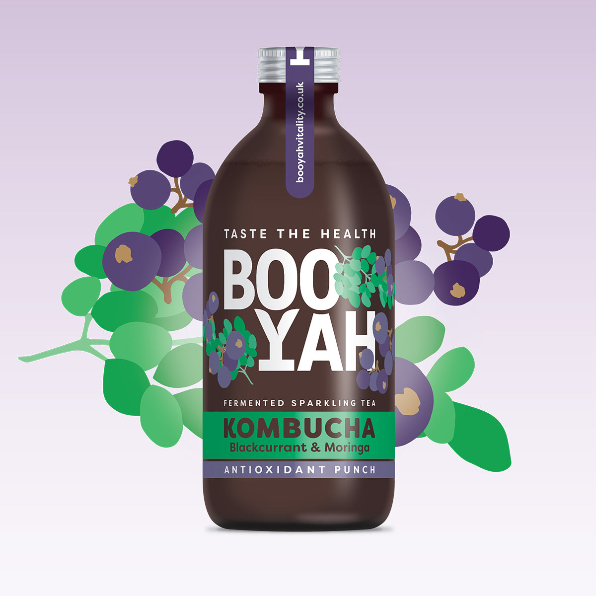 A bottle of Booyah Blackcurrant &amp; Moringa Kombucha with a dark brown body and a purple cap. The label features the text &#39;Taste the Health&#39; at the top, &#39;BOOYAH&#39; in large white letters in the center, and &#39;KOMBUCHA Blackcurrant &amp; Moringa Antioxidant Punch&#39; in green and purple at the bottom. The background shows stylized illustrations of blackcurrant berries and moringa leaves on a gradient light purple to white backdrop.