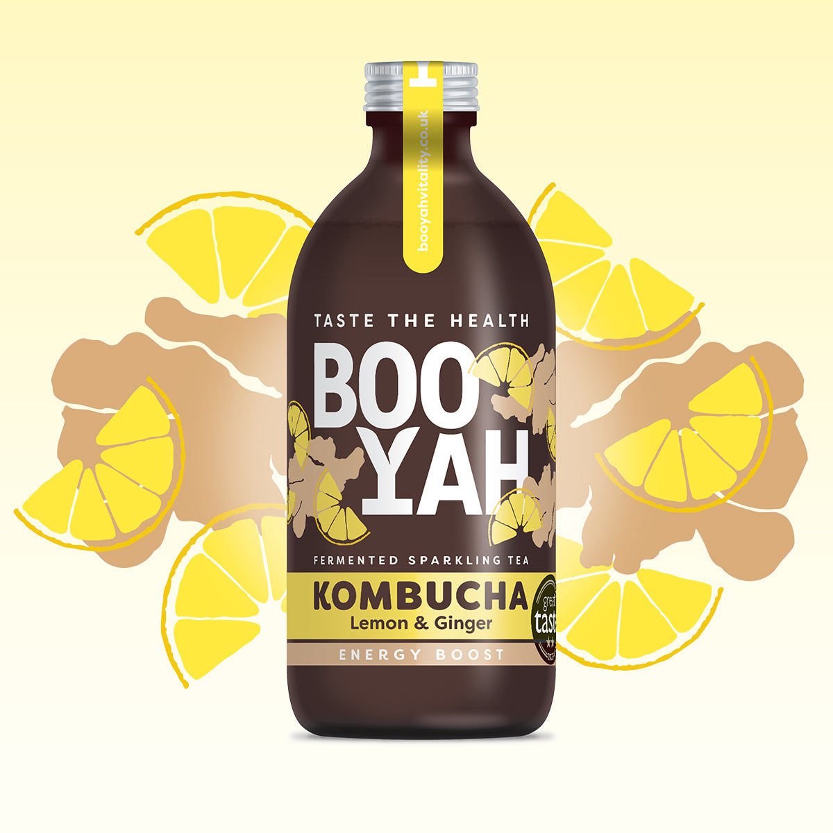 "An illustrated bottle of Booyah raw kombucha, prominently labeled with the text 'Taste the Health' and 'Fermented Sparkling Tea,' set against a yellow gradient background. The bottle features lemon slices and ginger graphics, highlighting the lemon and ginger flavor and promoting the product as an energy boost."