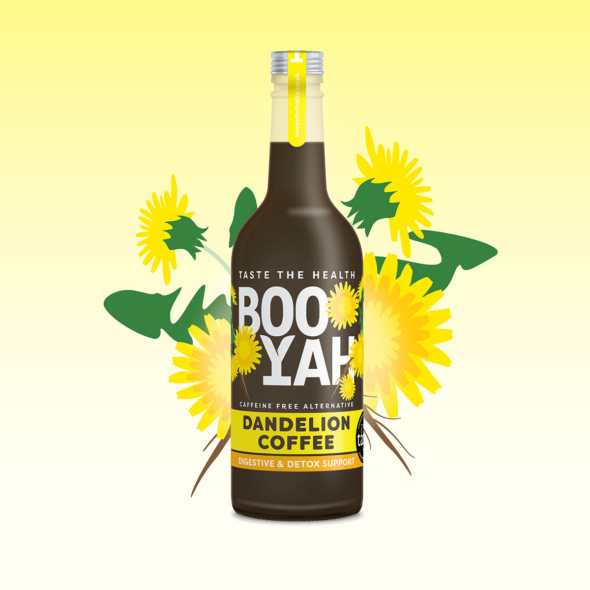 A bottle of Booyah dandelion coffee, prominently labeled with the text &#39;Taste the Health&#39; and &#39;Caffeine Free Alternative,&#39; set against a yellow gradient background. The bottle features vibrant dandelion flowers and green leaves, highlighting the product&#39;s benefits for digestive and detox support.