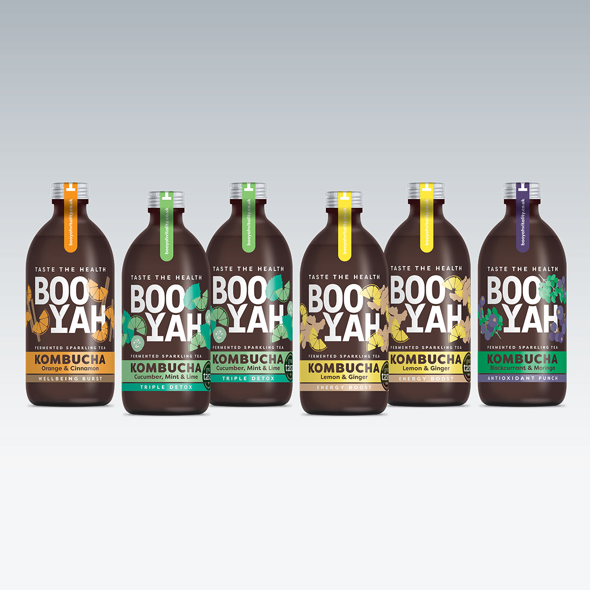 Kombucha Raw 'Taste the Health' branding and unique flavors:

1. Orange & Cinnamon (Wellbeing Burst) with orange and cinnamon graphics.
2. Cucumber, Mint & Lime (Triple Detox) with cucumber, mint, and lime graphics.
3. Cucumber, Mint & Lime (Triple Detox) with cucumber, mint, and lime graphics.
4. Lemon & Ginger (Energy Boost) with lemon and ginger graphics.
5. Lemon & Ginger (Energy Boost) with lemon and ginger grap